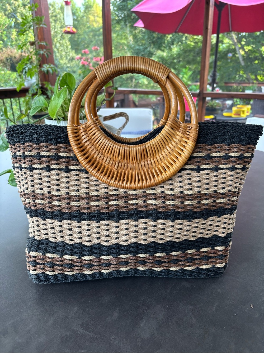 Woven Straw Tote Bag with Round Rattan Handles - Black & Natural
